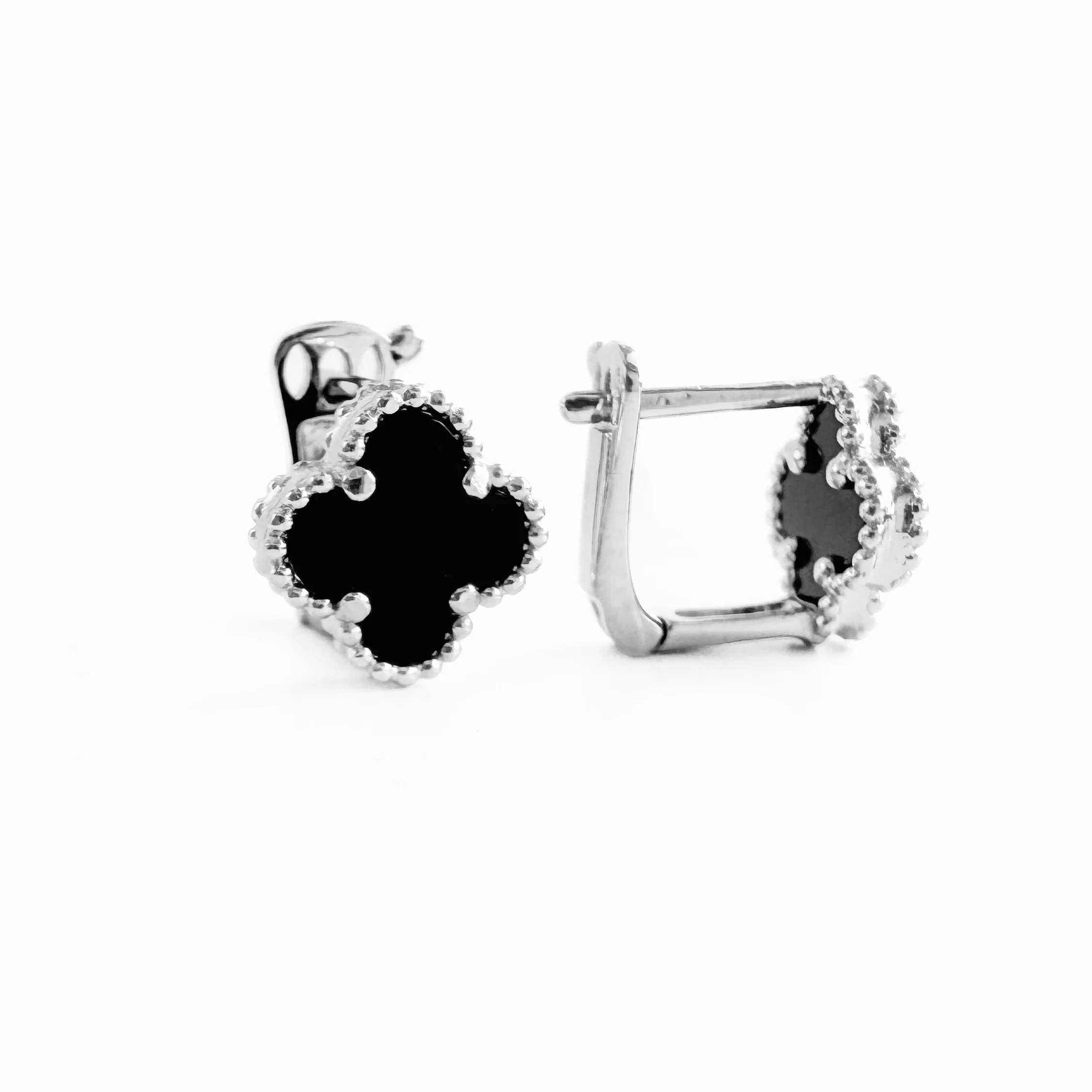 925 Sterling Silver Lever Back Earrings Clover with Onyx - Image 4