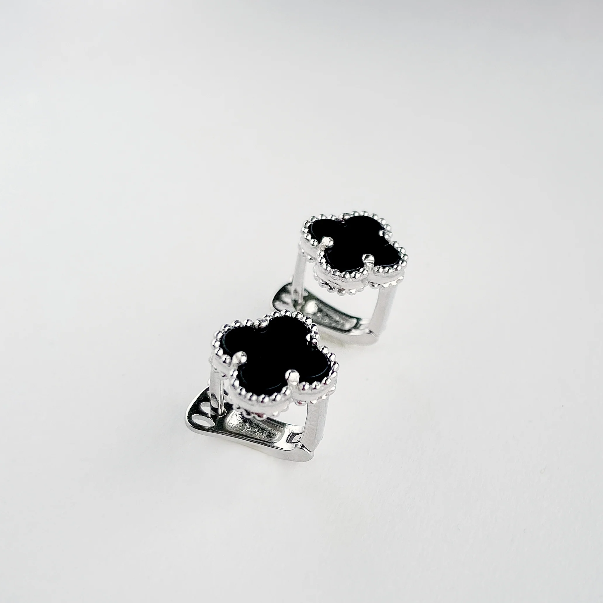 925 Sterling Silver Lever Back Earrings Clover with Onyx - Image 6