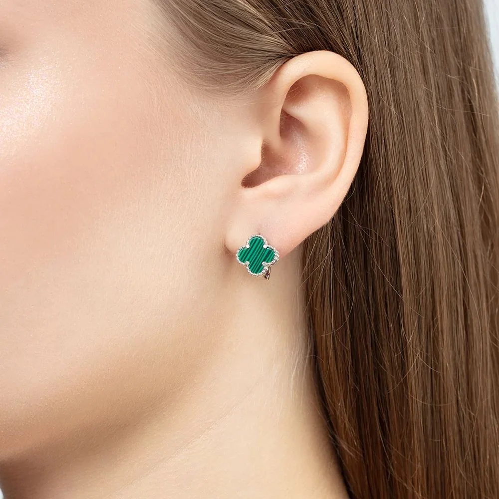 925 Sterling Silver Lever Back Clover Earrings with Malachite - Image 2