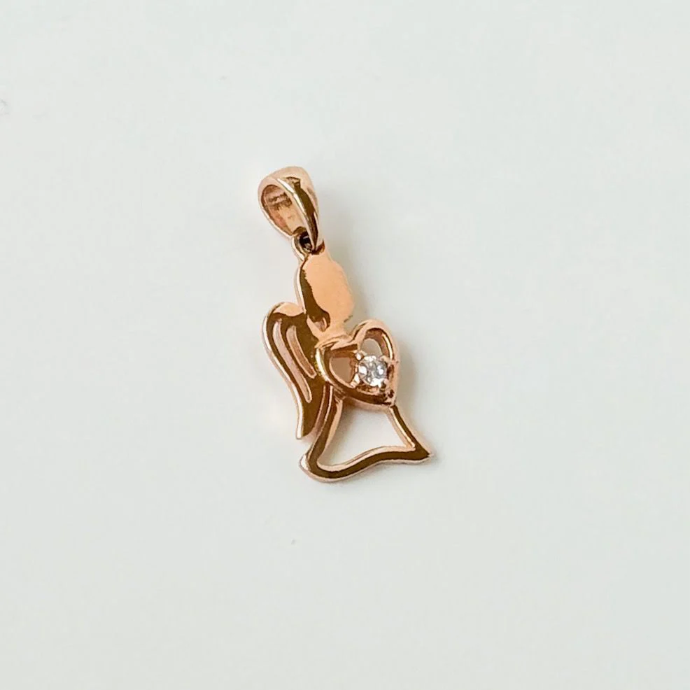 Angel with Heart Religious Pendant in 14K/585 Yellow Gold with Cubic Zirconia - Image 2
