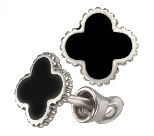 Clover Stud Earrings in 14K/585 White Gold with Black Enamel