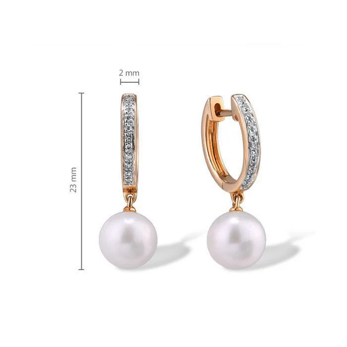 Drop Earrings in 14K/585 Rose Gold with Fresh Water White Pearls and Diamonds - Image 2