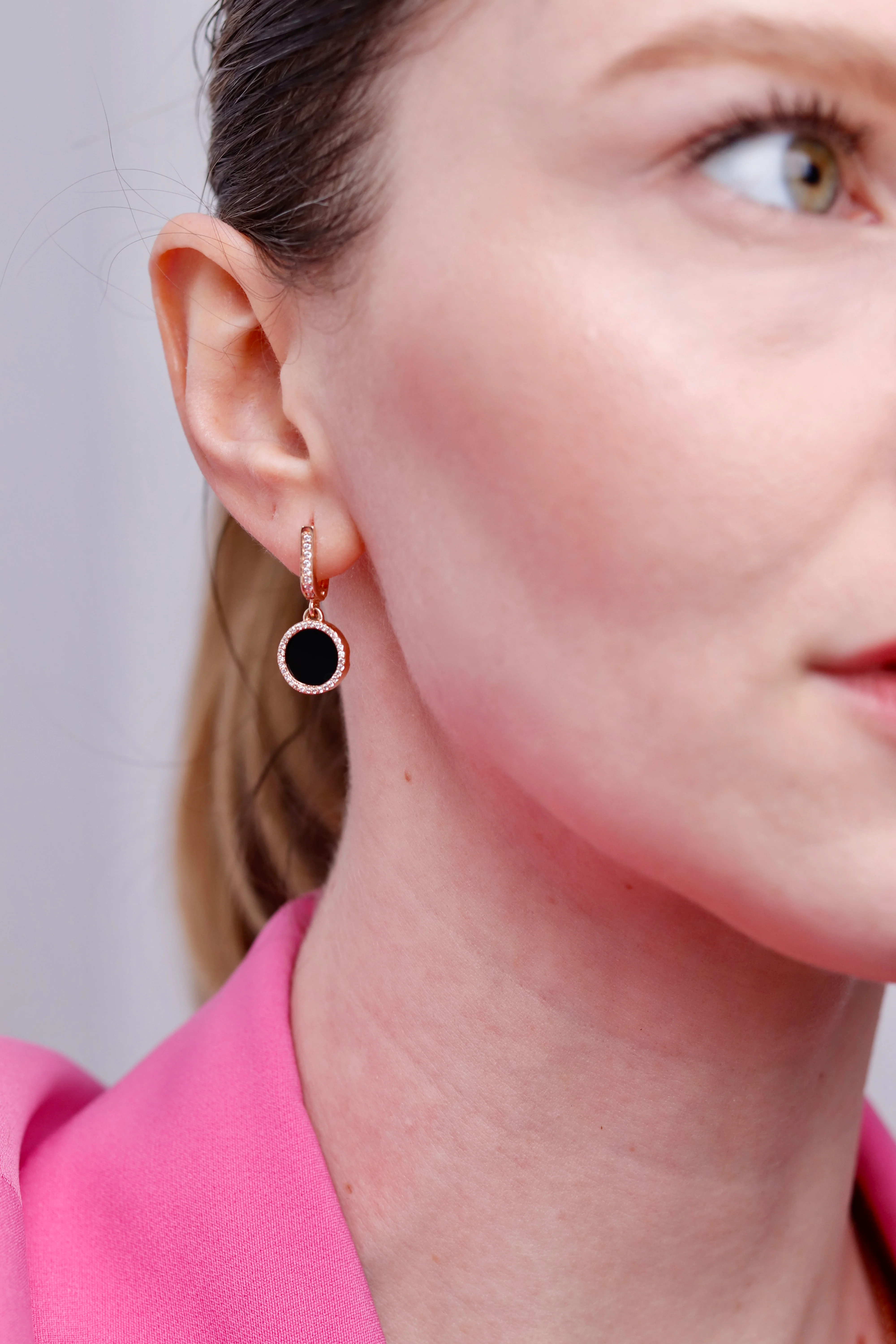 Drop Earrings in 14K/585 Rose Gold with Onyx and Cubic Zirconia - Image 2
