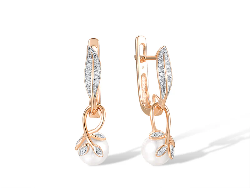 Drop Earrings in 14K/585 Rose Gold with Diamonds and Fresh Water White Pearls