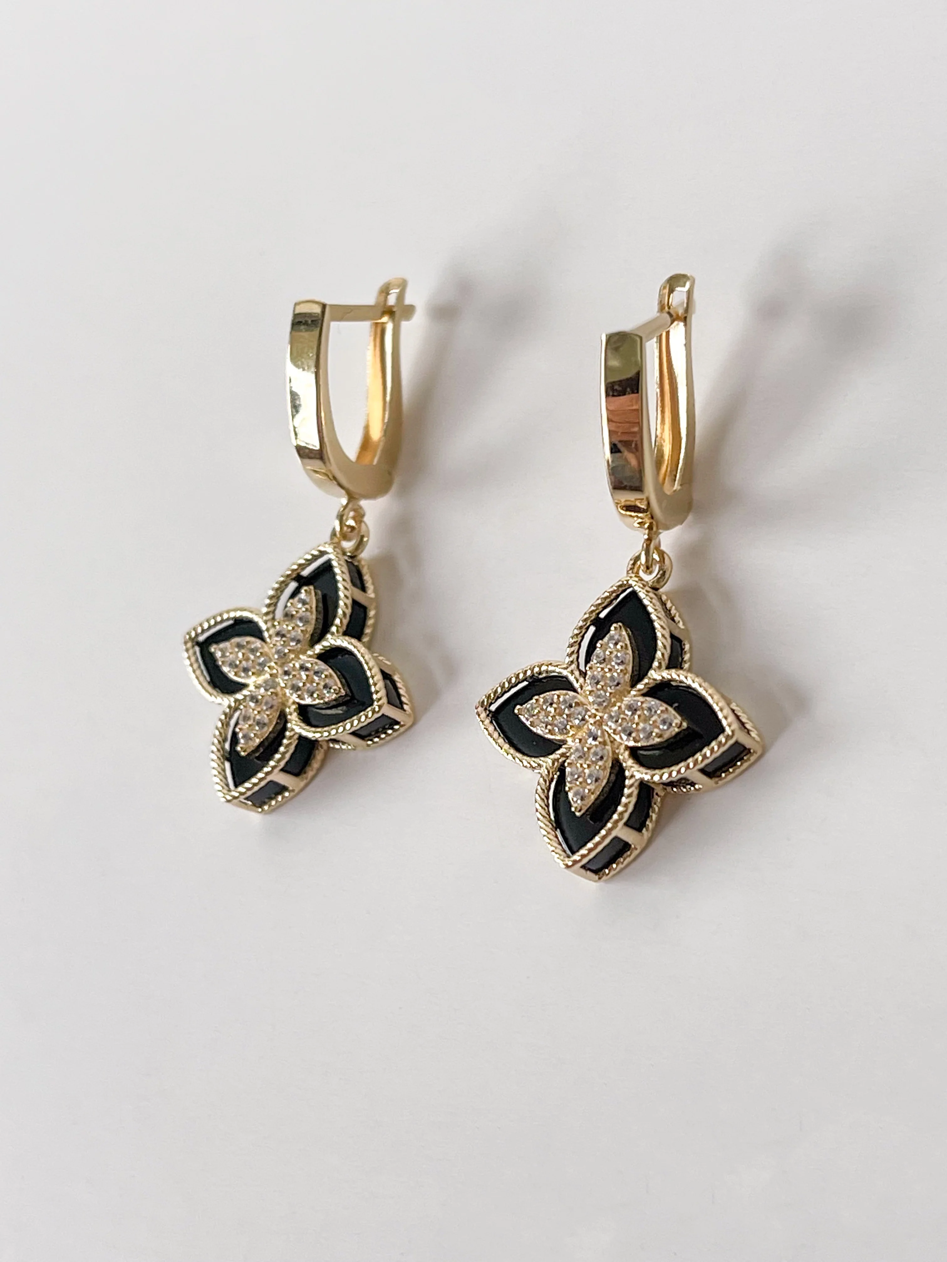 Drop Earrings in 14K/585 Yellow Gold with Black Onyx and Cubic Zirconia - Image 2