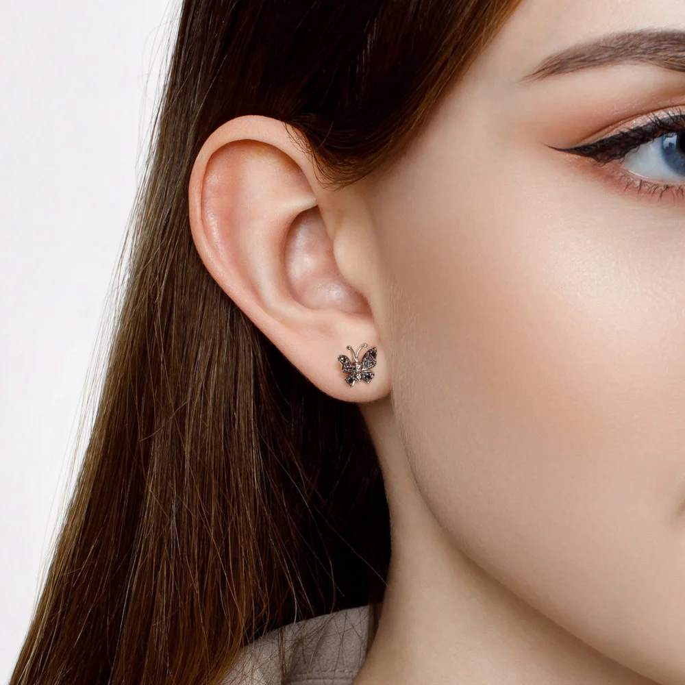 Butterfly Stud Earrings with Sapphires and Diamonds in 14K/585 White Gold - Image 3