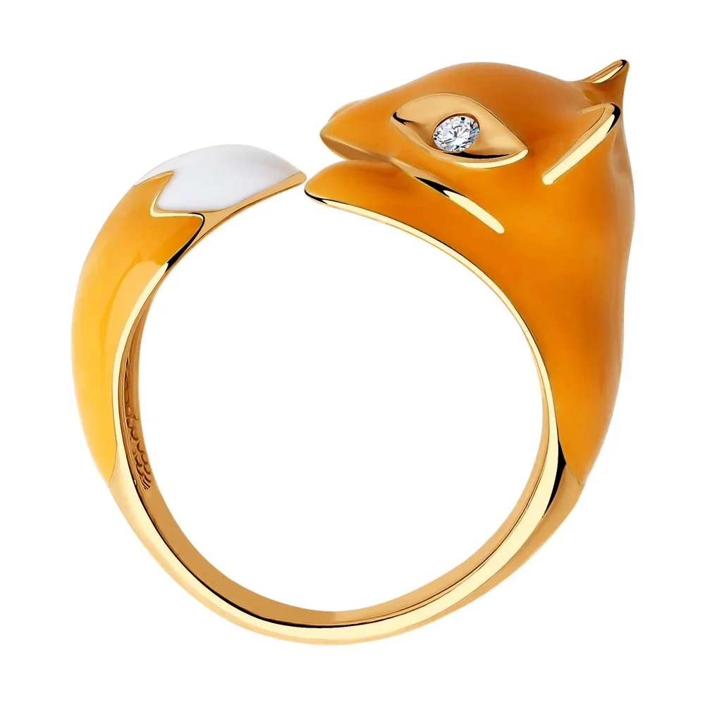 Gold Plated 925 Sterling Silver Fox Ring with Enamel and Cubic Zirconia - Image 2