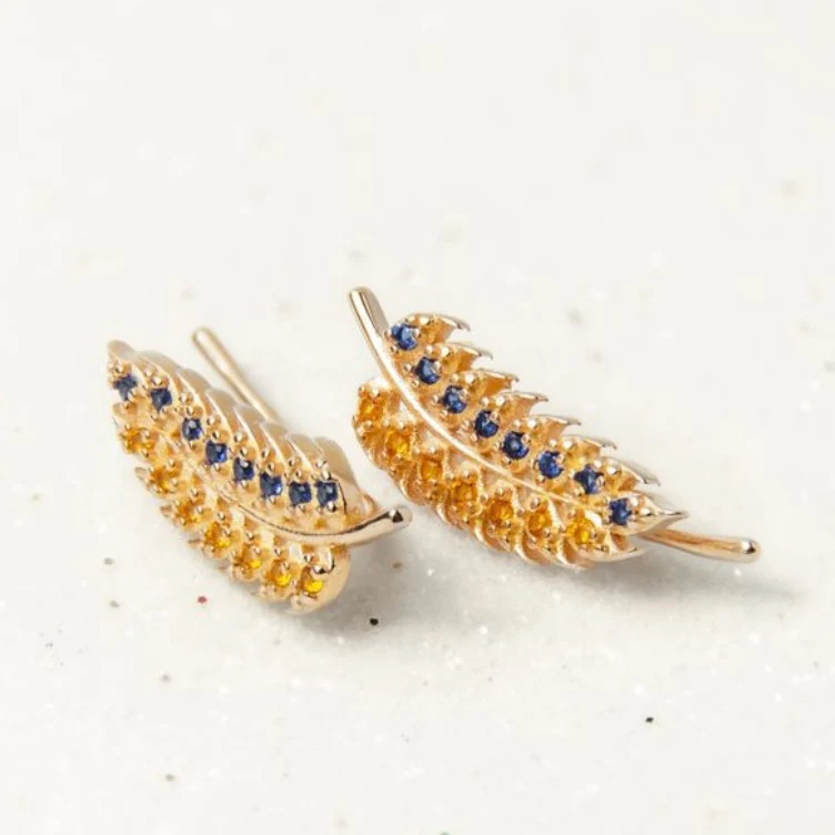 Rose Gold Plated 925 Sterling Silver Wheat Ear Climber with Blue and Yellow Cubic Zirconia - Image 3
