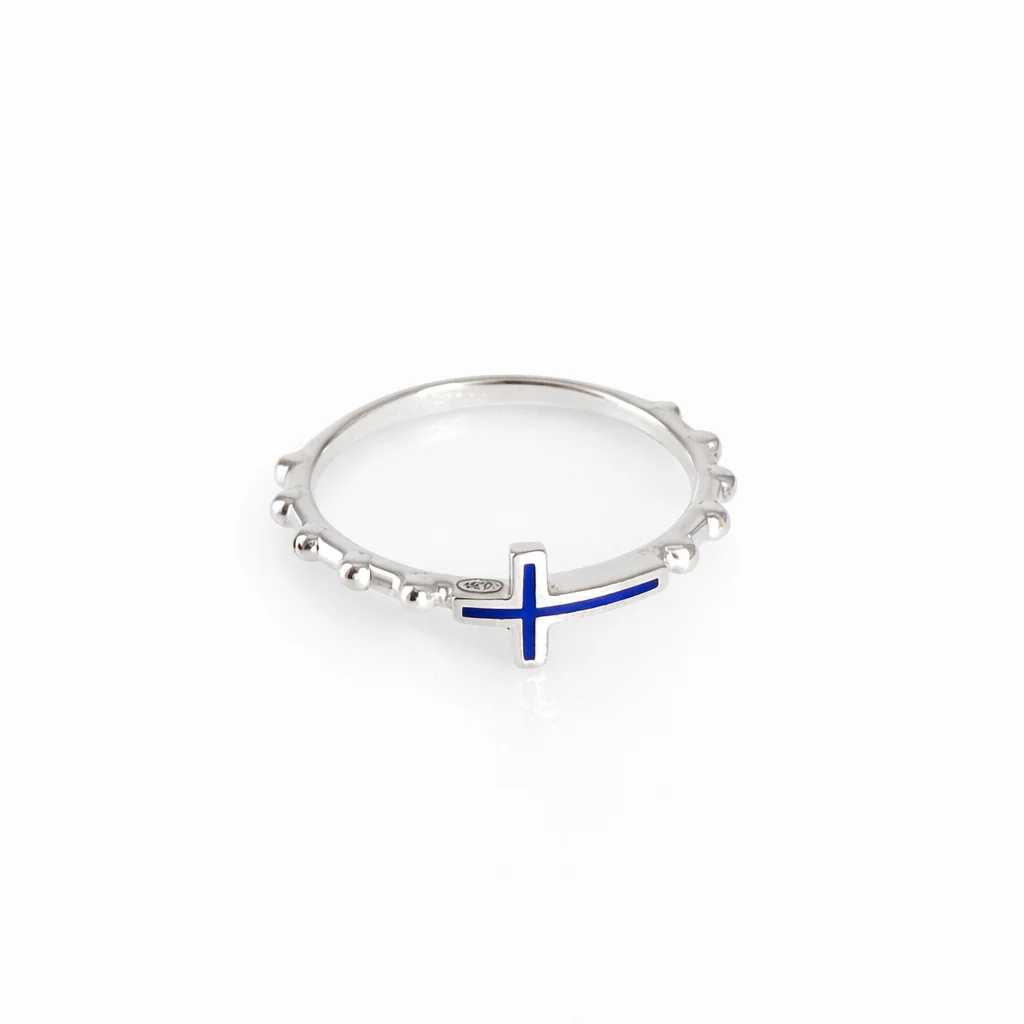 Handcrafted 925 Sterling Silver Rosary Ring with Blue Enamel