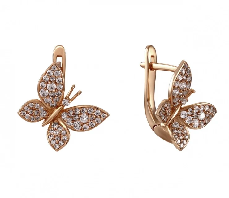 Lever Back Butterflies Earrings in 14K/585 Rose Gold with Cubic Zirconia - Image 2