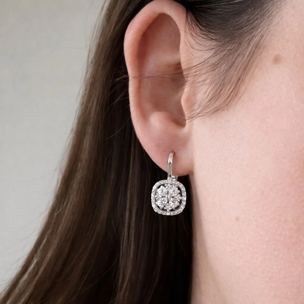 Lever Back Earrings Flower in 14K/585 White Gold with Diamonds - Image 2
