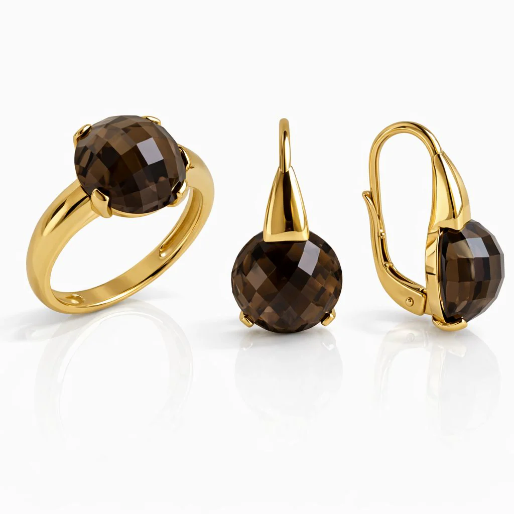 Lever Back Earrings in 14K/585 Yellow Gold with Smoky Quartz - Image 2