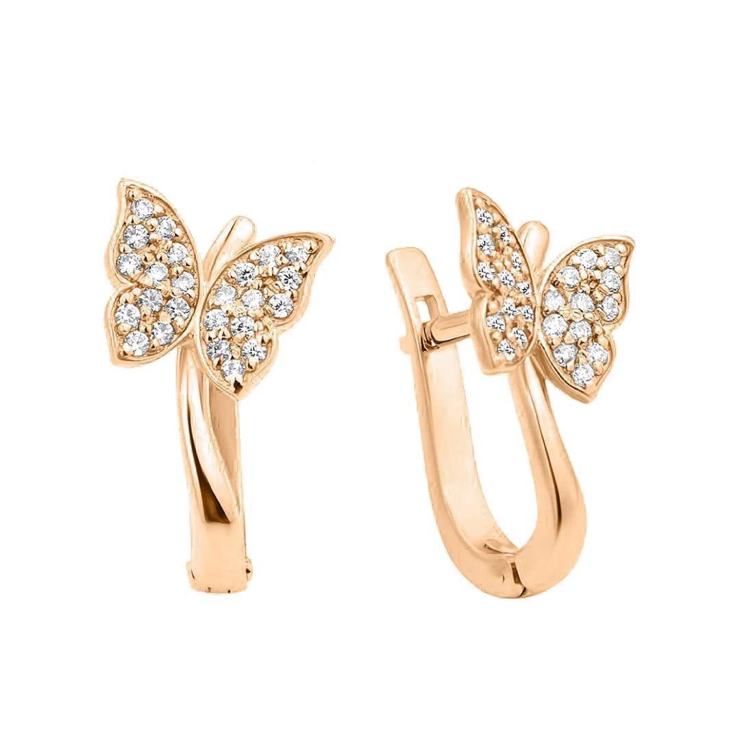 Lever Back Earrings in 14K/585 Yellow Gold "Butterflies" with Clear Cubic Zirconia