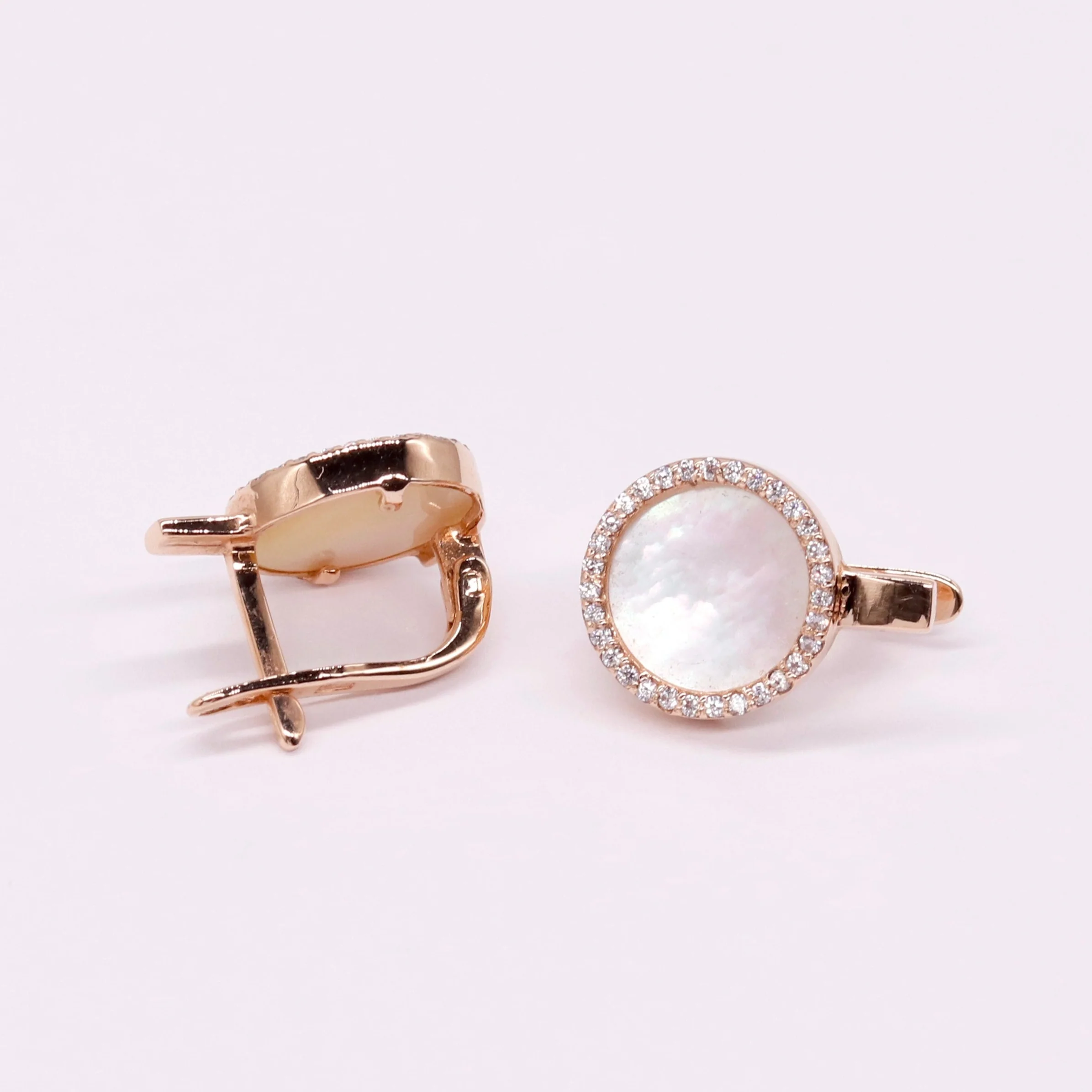 Lever Back Earrings in 14K/585 Rose Gold with Mother of Pearl and Cubic Zirconia - Image 3