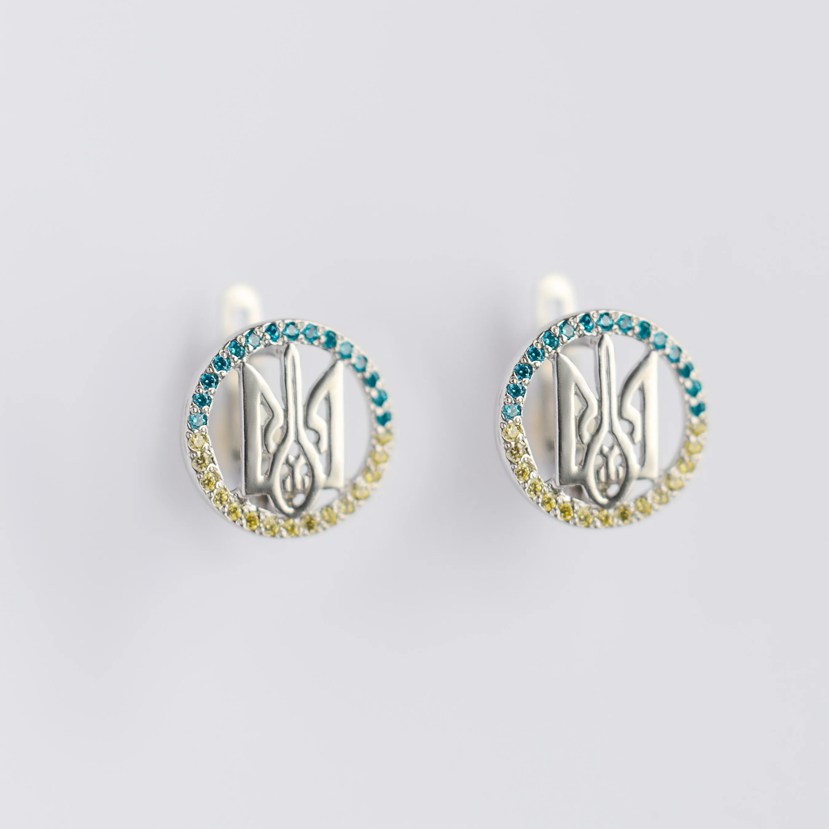 925 Sterling Silver Lever Back Tryzub Earrings in Blue and Yellow Cubic Zirconia Halo - Image 3