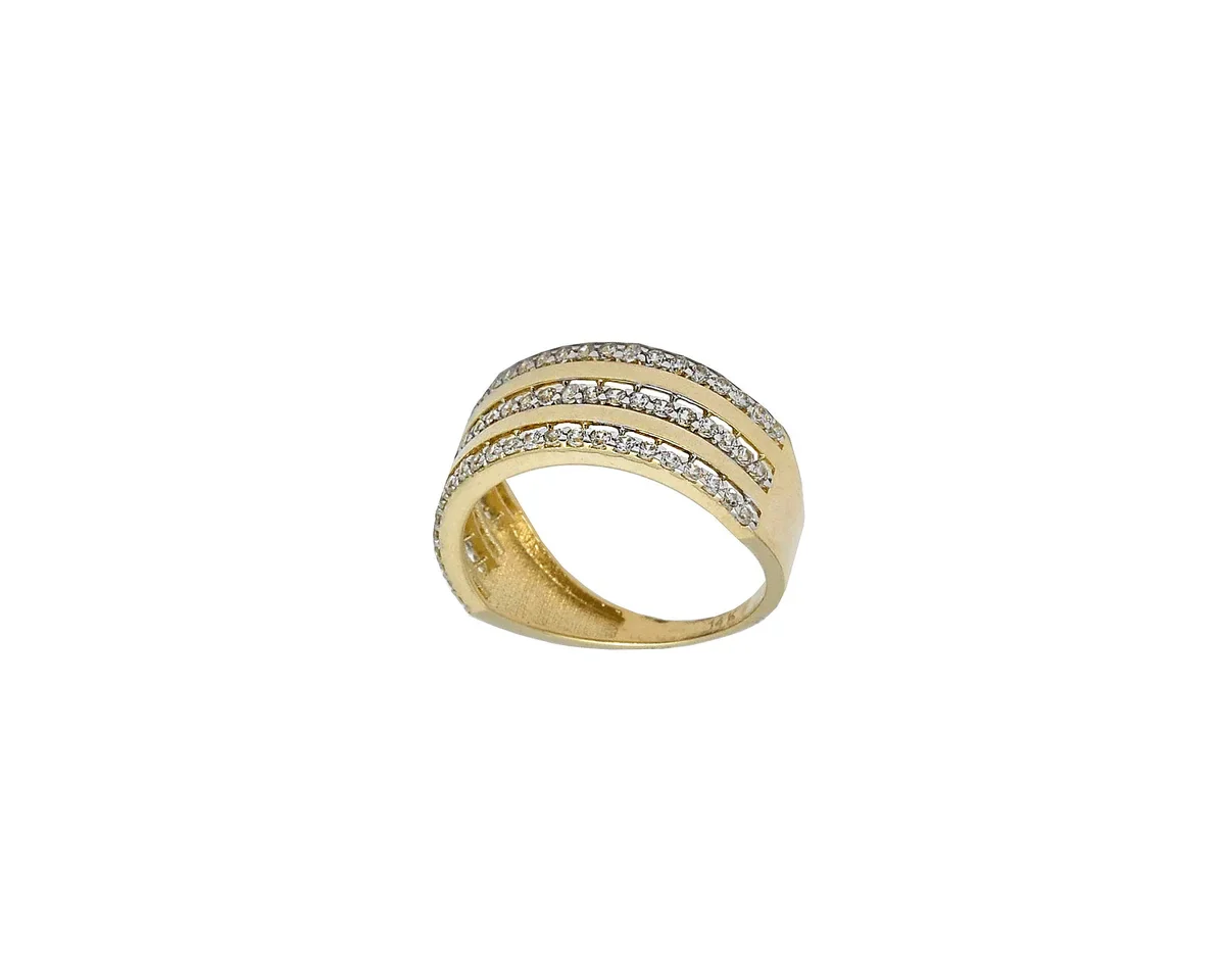 14K/585 Yellow Gold Triple Row Ring with Cubic Zirconia