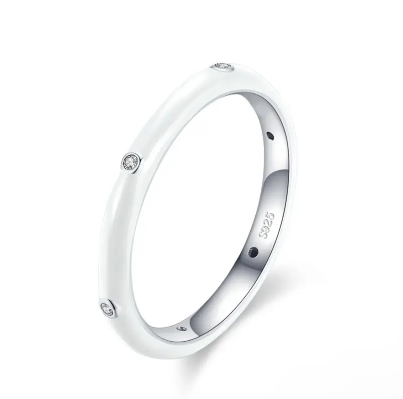 Minimalistic 925 Sterling Silver Ring with White Enamel and Cubic Zirconia