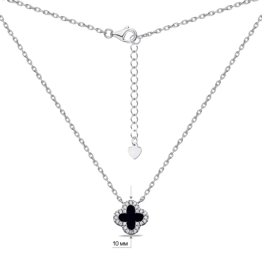 925 Sterling Silver Necklace with Onyx and Cubic Zirconia "Clover" - Image 2
