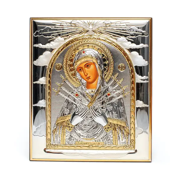Religious Icon Virgin Mary of 7 Swords, Gold Plating and Wooden Base - Image 2