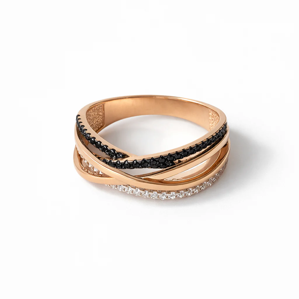 Ring in 14K/585 Rose Gold with Black and White Cubic Zirconia