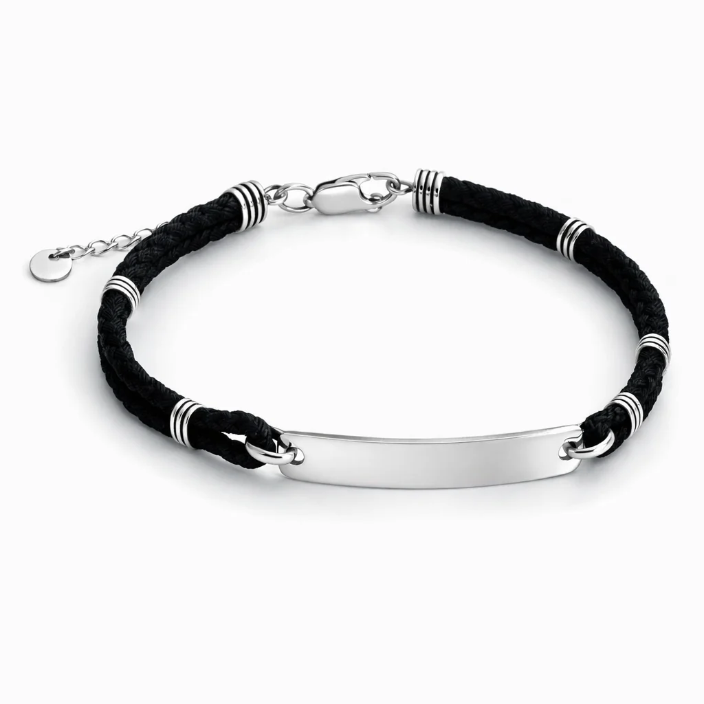 Rope Bracelet with 925 Sterling Silver Inserts and Plate for Engraving