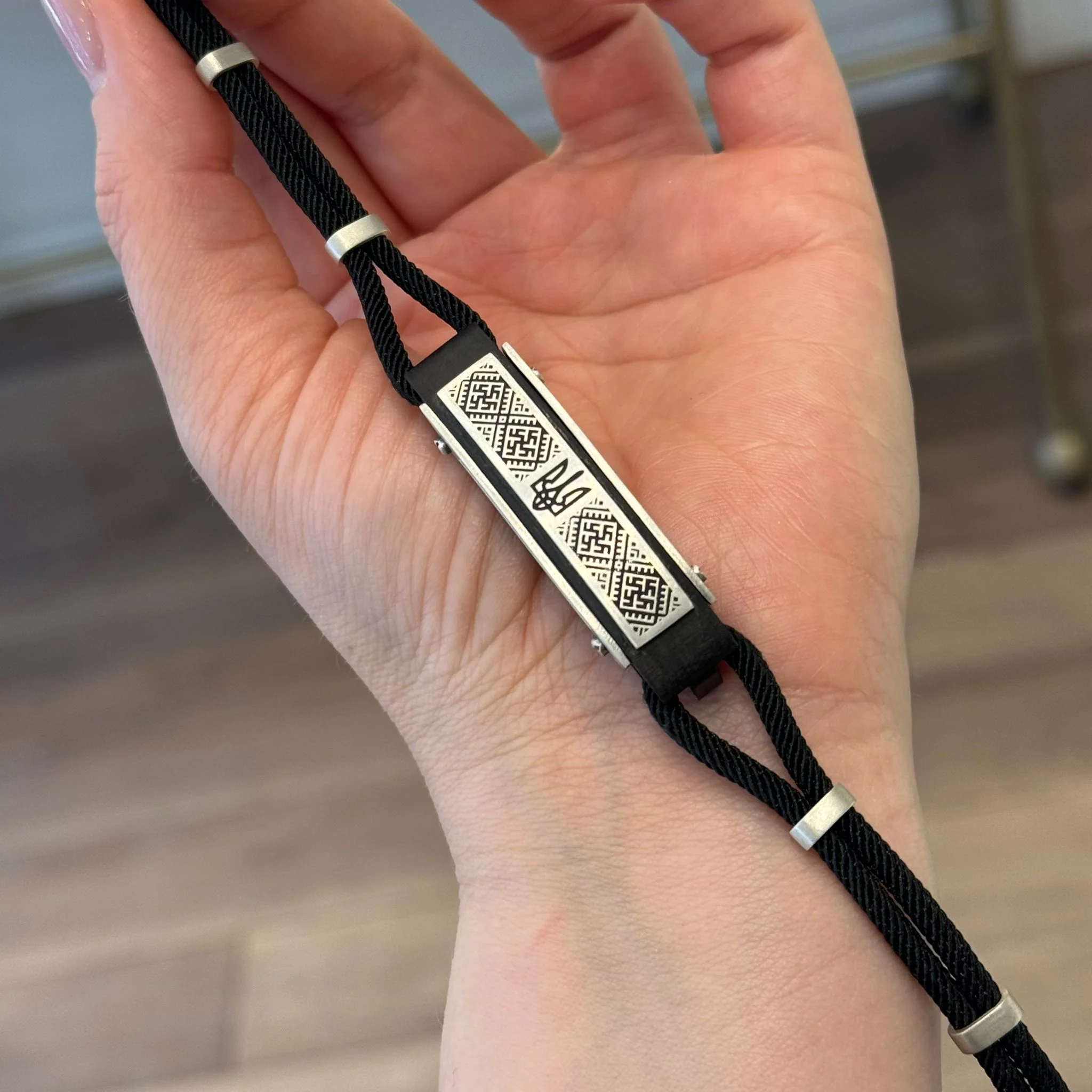 Rope Bracelet with 925 Sterling Silver Inserts "Tryzub" and Ebony Wood - Image 2