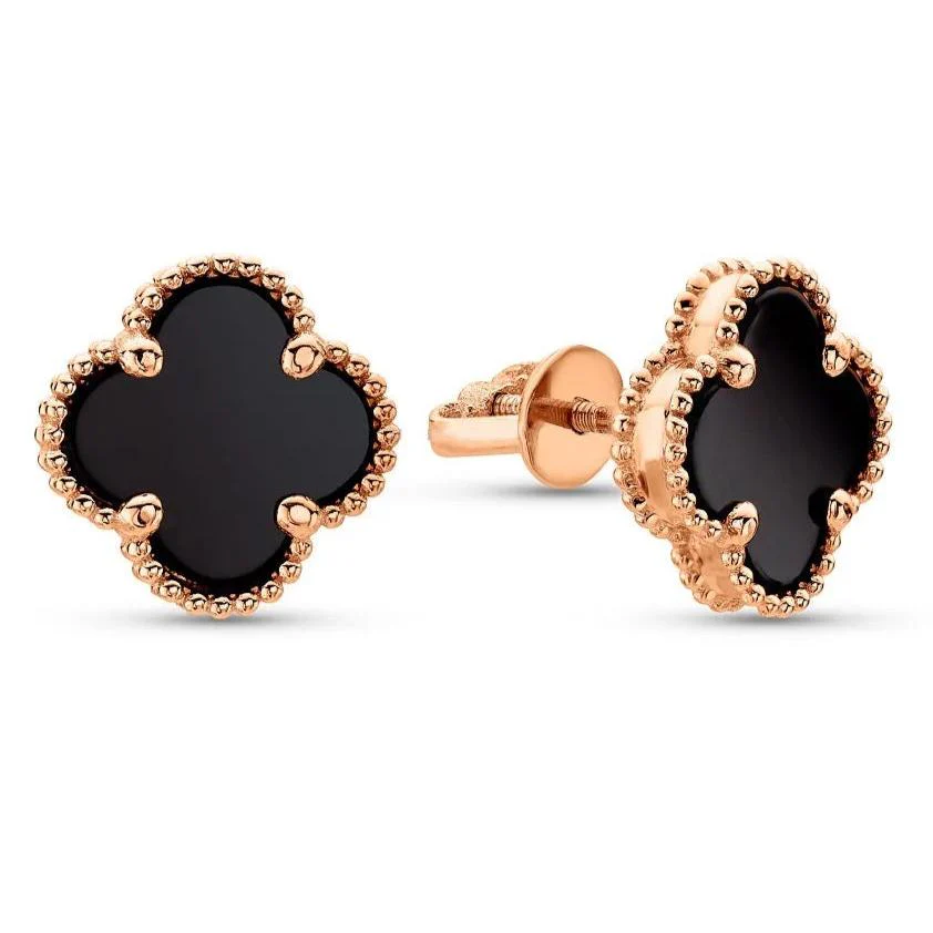 Stud Clover Earrings in 14K/585 Rose Gold with Onyx