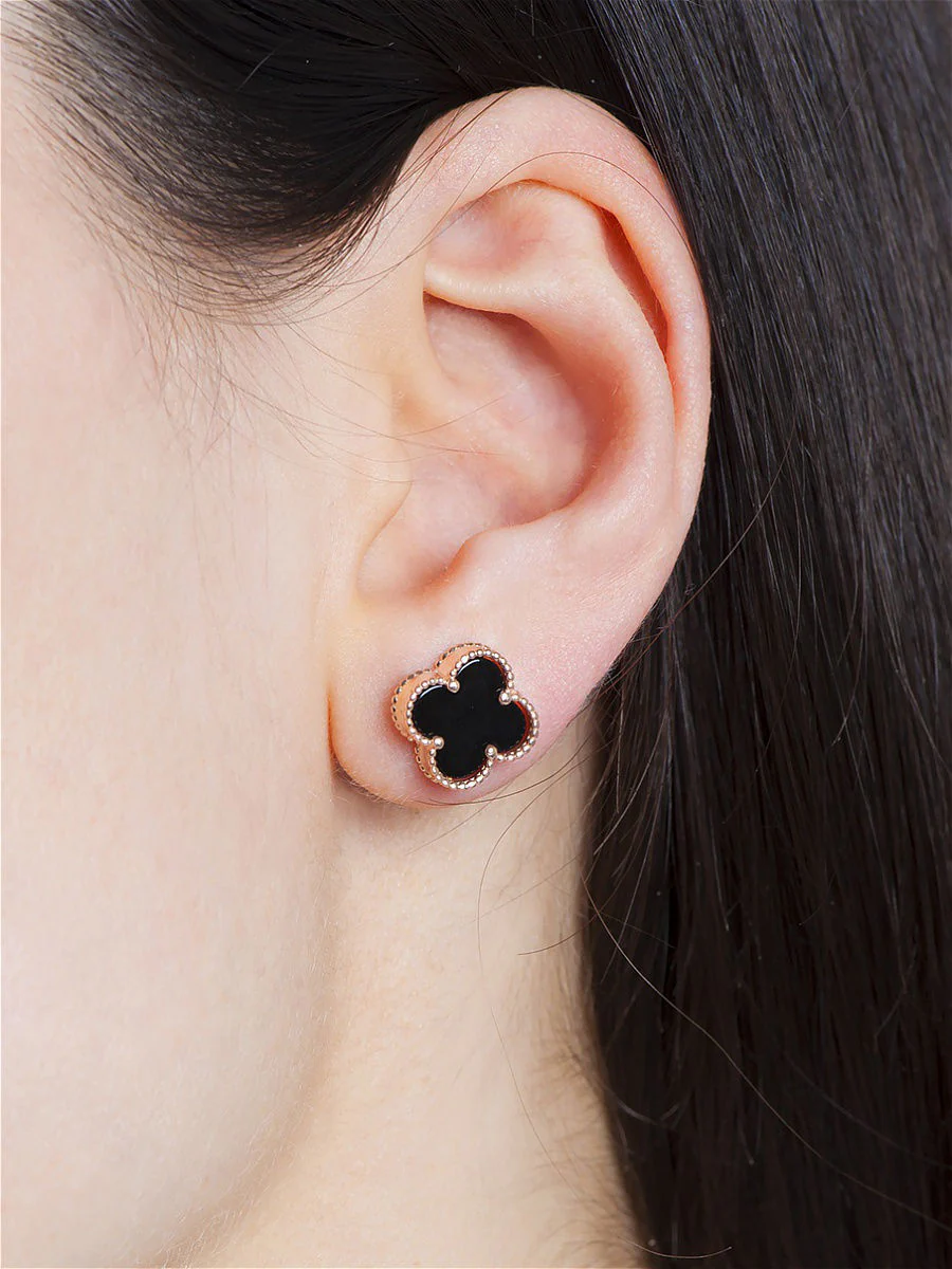 Stud Clover Earrings in 14K/585 Rose Gold with Onyx - Image 2