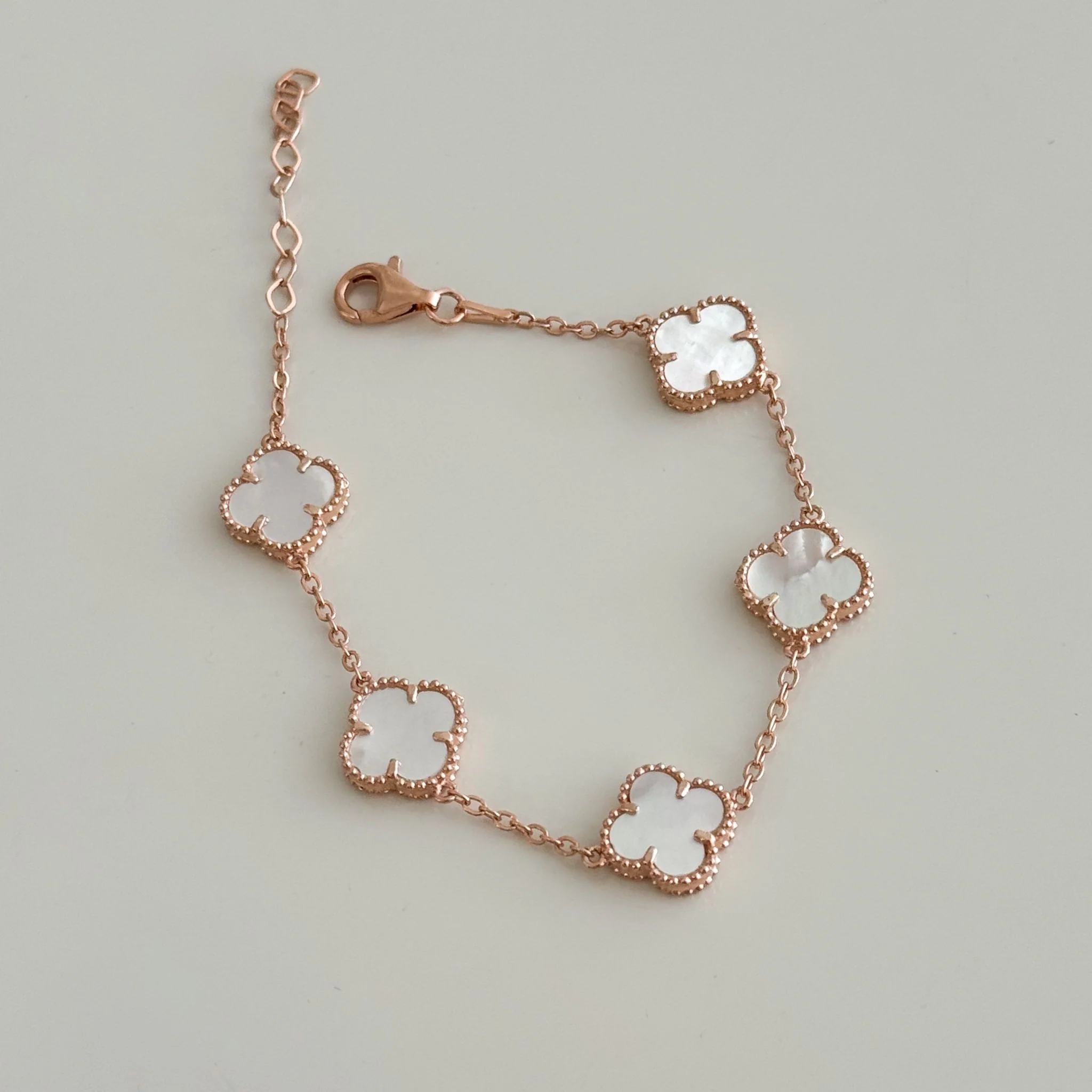Rose Gold Plated 925 Sterling Silver Clover Bracelet with Mother of Pearl - Image 3