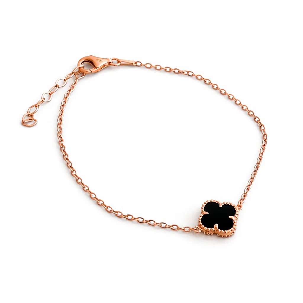 Rose Gold Plated 925 Sterling Silver Clover Bracelet with Onyx