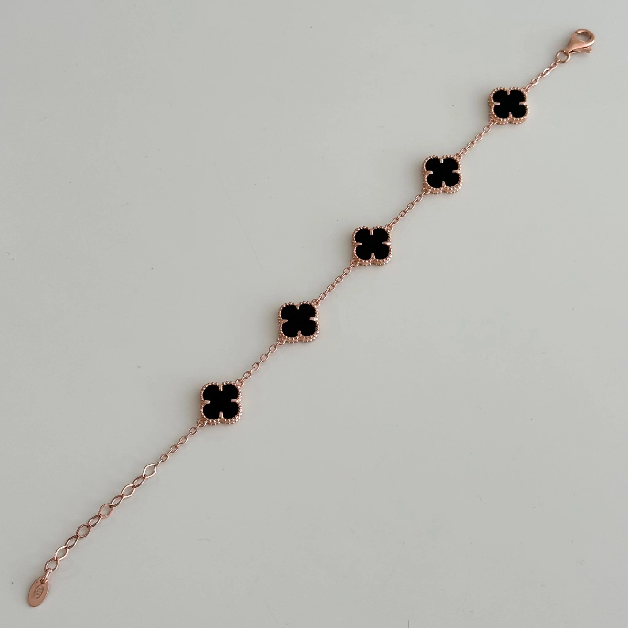 Rose Gold Plated 925 Sterling Silver Clover Bracelet with Onyx - Image 2