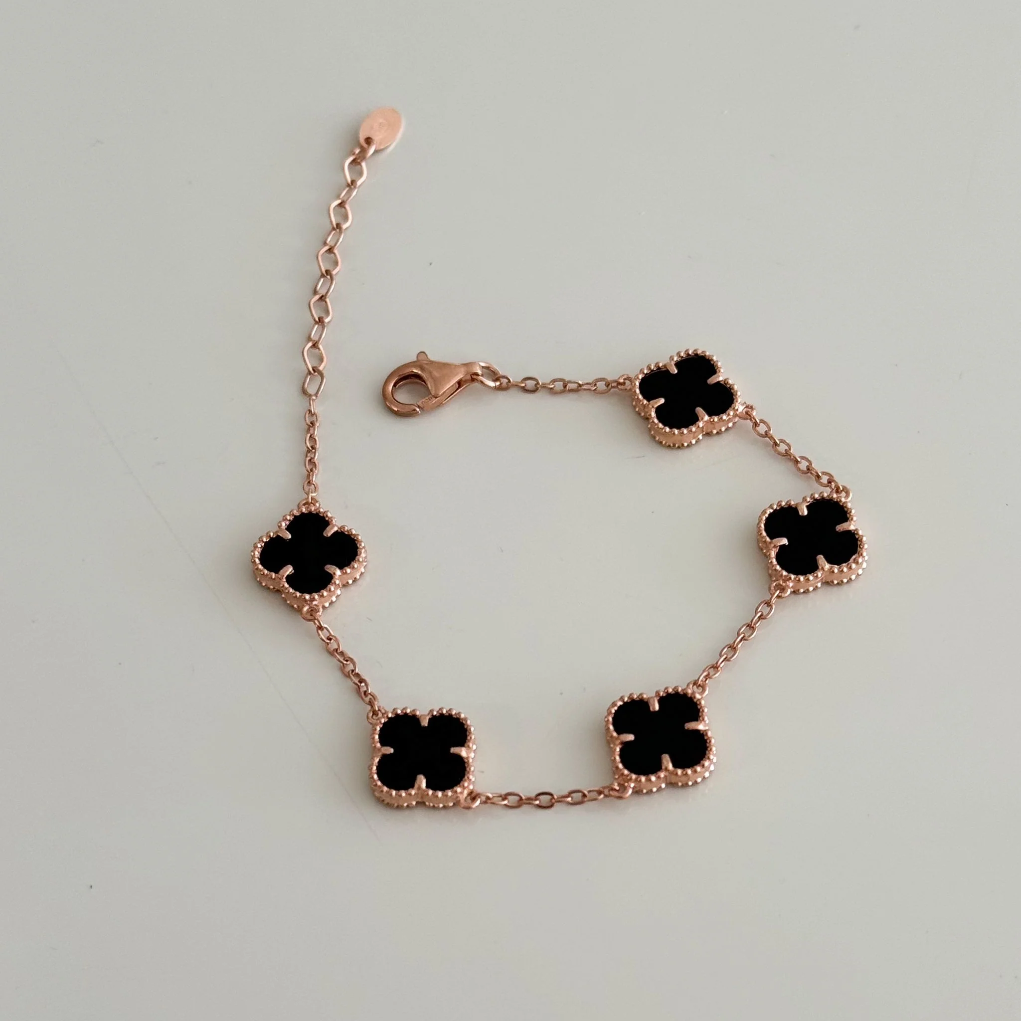Rose Gold Plated 925 Sterling Silver Clover Bracelet with Onyx - Image 3