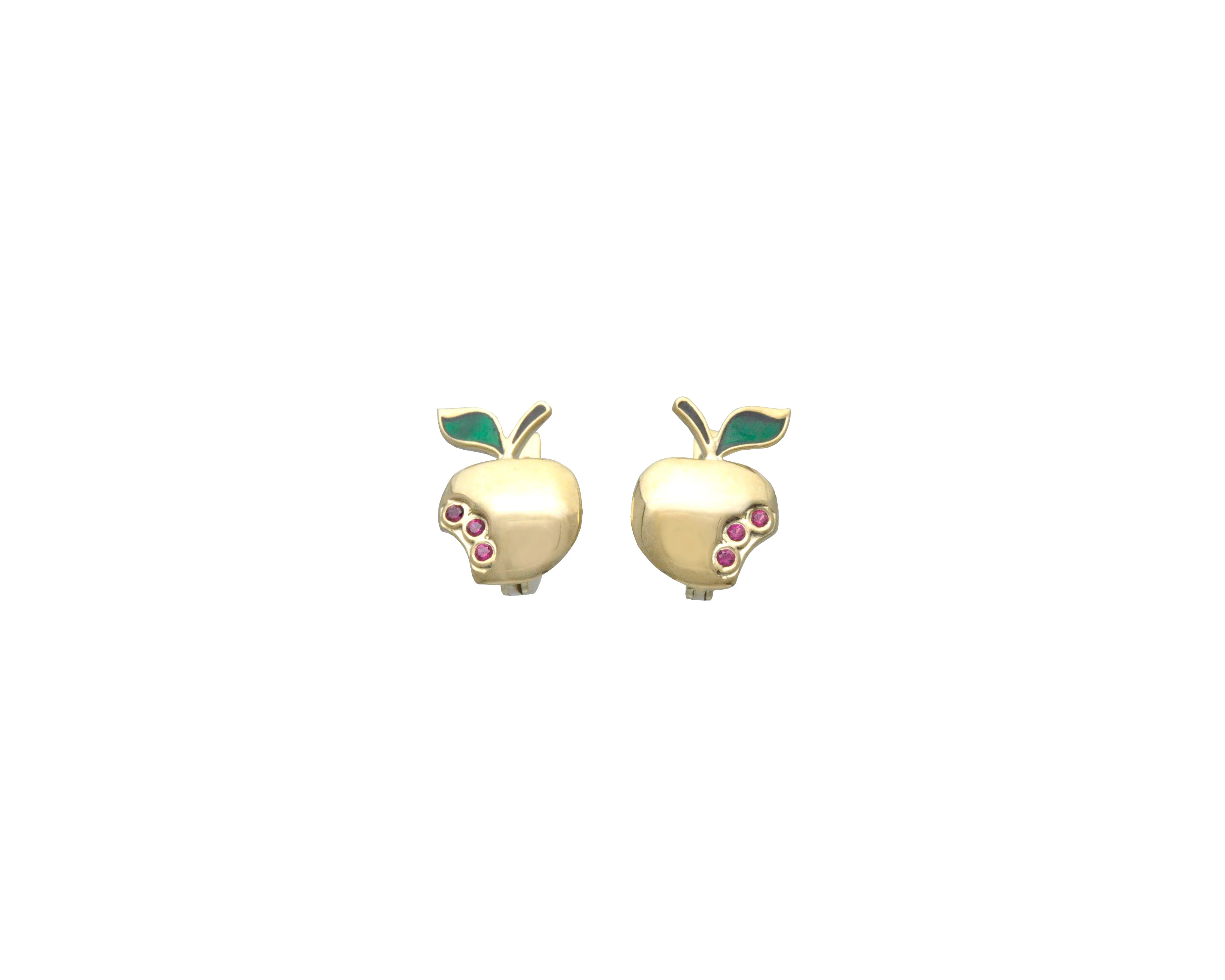 Apple Earrings in 14K/585 Yellow Gold with Red Garnet and Green Enamel - Image 3