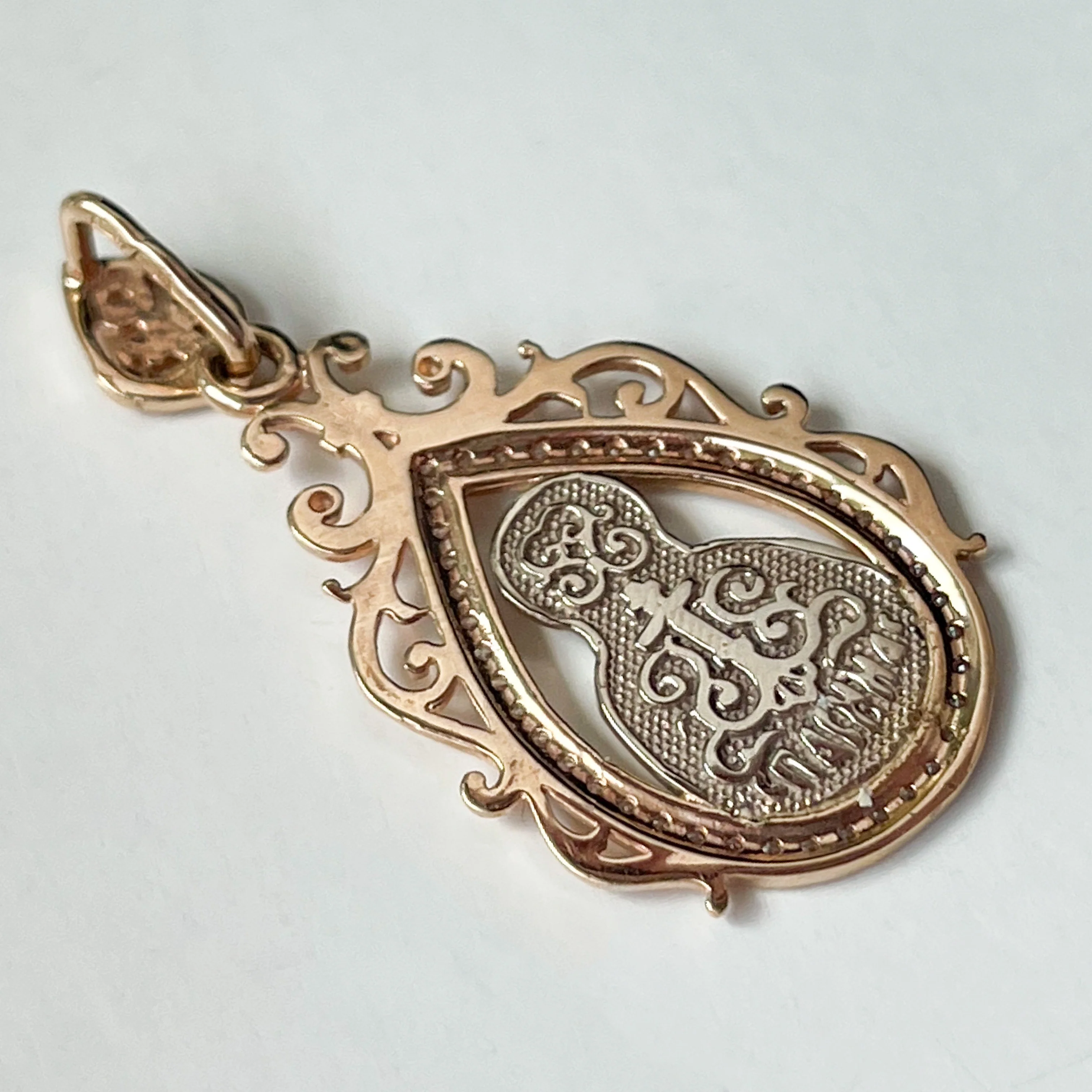 Virgin Mary Religious Pendant in 14K/585 Rose and White Gold with Cubic Zirconia - Image 2