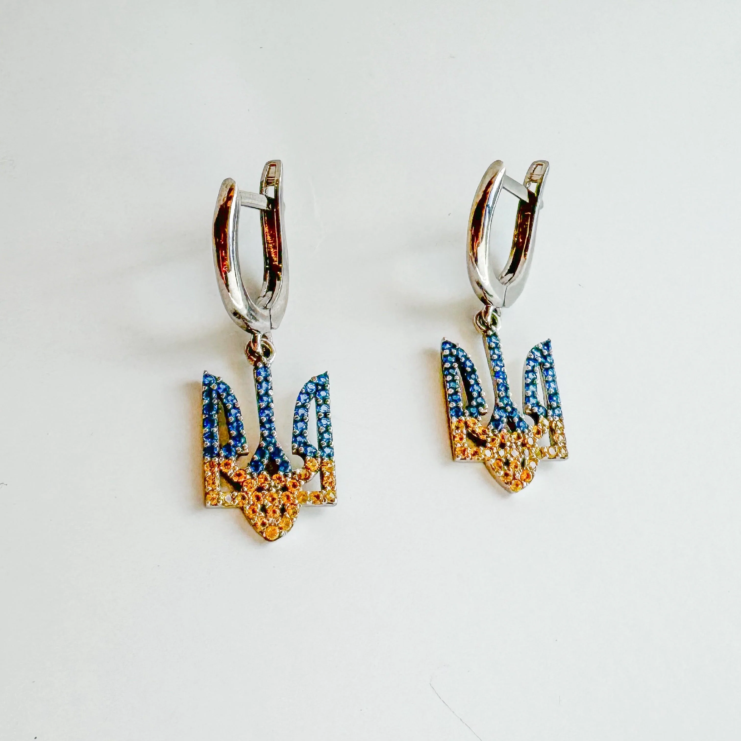 925 Sterling Silver Drop Earrings with Blue and Yellow Cubic Zirconia Tryzubs - Image 2