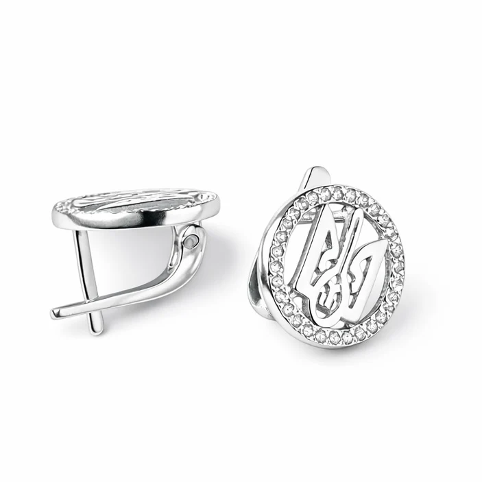 925 Sterling Silver Lever Back Earrings with Cubic Zirconia Tryzubs - Image 3
