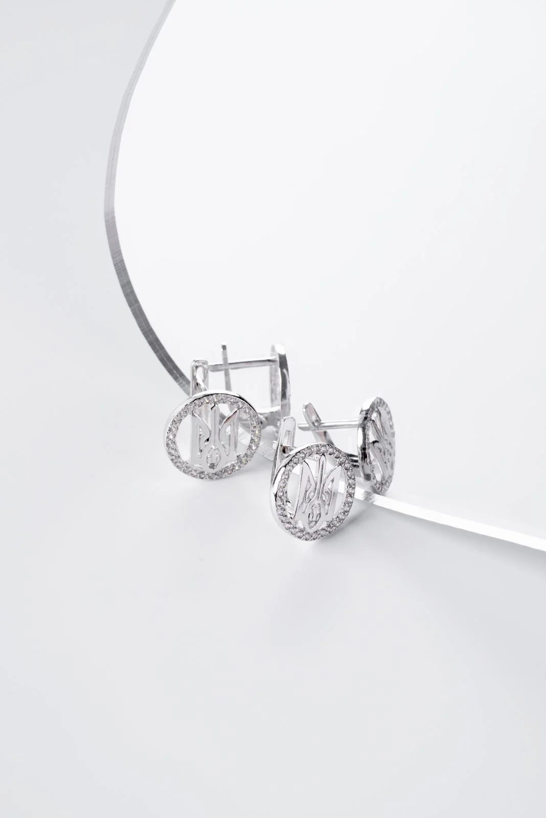 925 Sterling Silver Lever Back Earrings with Cubic Zirconia Tryzubs - Image 8
