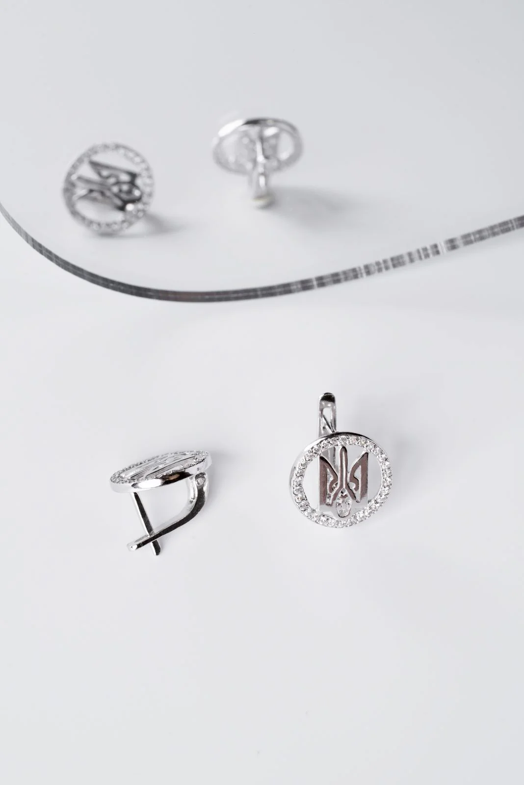 925 Sterling Silver Lever Back Earrings with Cubic Zirconia Tryzubs - Image 9