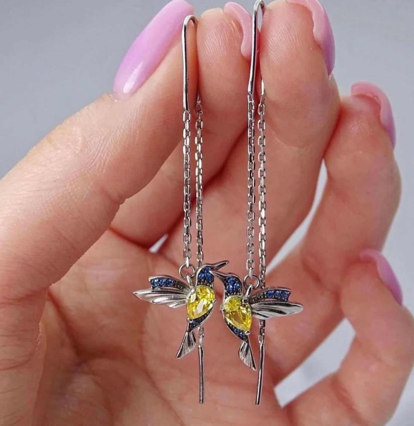 925 Sterling Silver Thread Colibri Earrings with Blue and Yellow Cubic Zirconia - Image 3