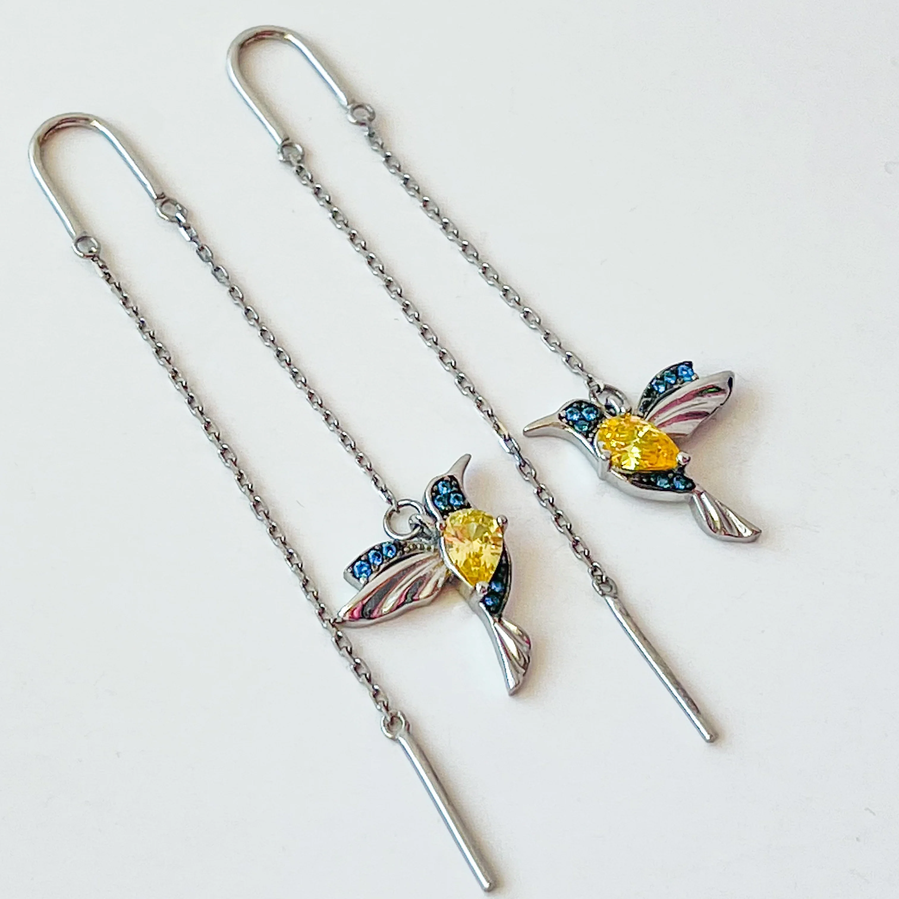 925 Sterling Silver Thread Colibri Earrings with Blue and Yellow Cubic Zirconia - Image 4