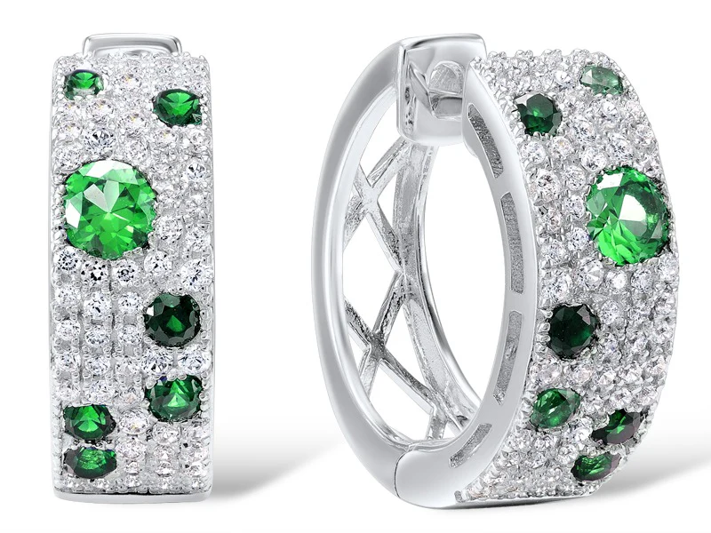 Sterling Silver Hoop Earrings Green Spinel, Cubic Zirconia - Image 2