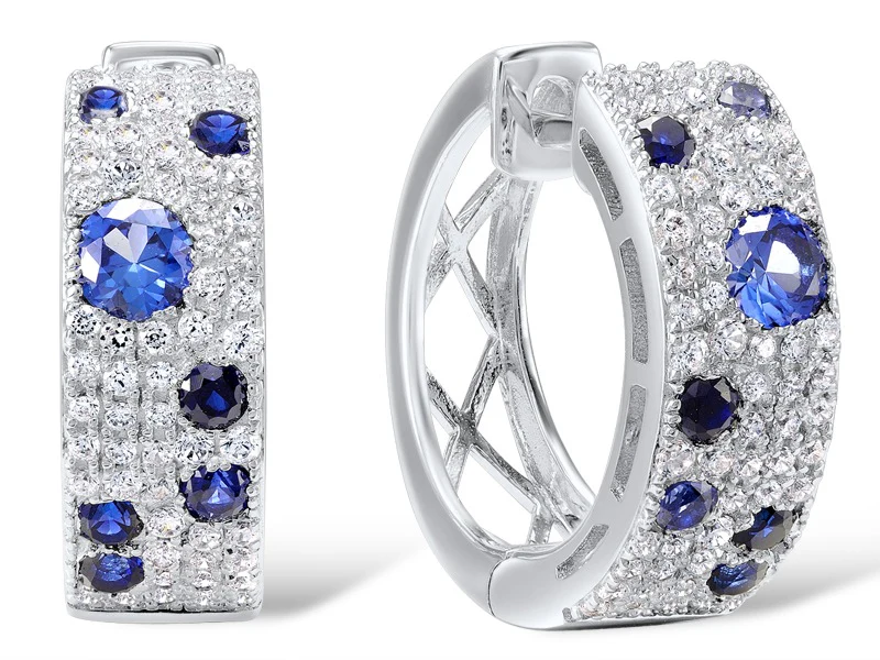 Sterling Silver Hoop Earrings Cubic Zirconia,Blue Spinel - Image 2
