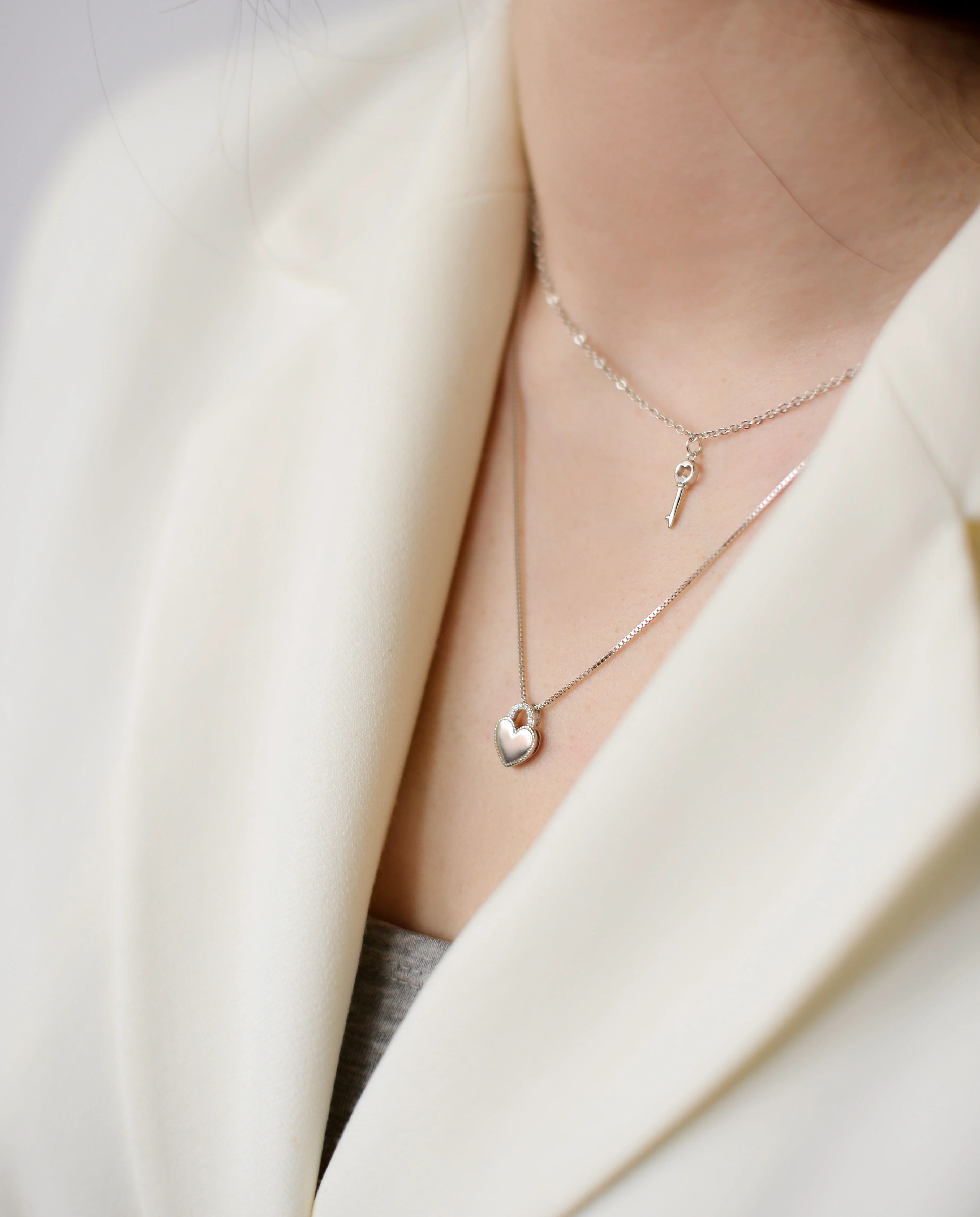 925 Sterling Silver Layered Necklace Heart and Key - Image 2