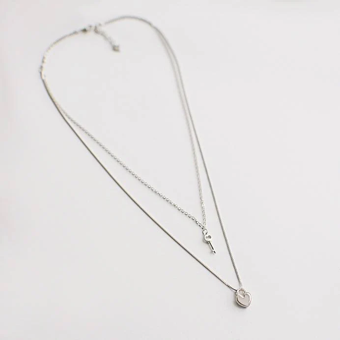 925 Sterling Silver Layered Necklace Heart and Key - Image 3