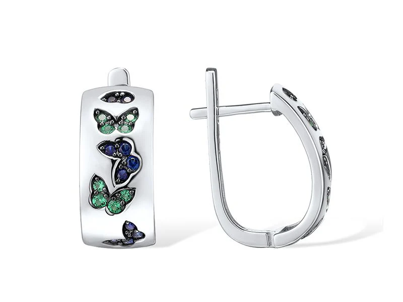 Sterling Silver Lever Back Earrings Created Sapphire, Green Spinel Butterflies - Image 2