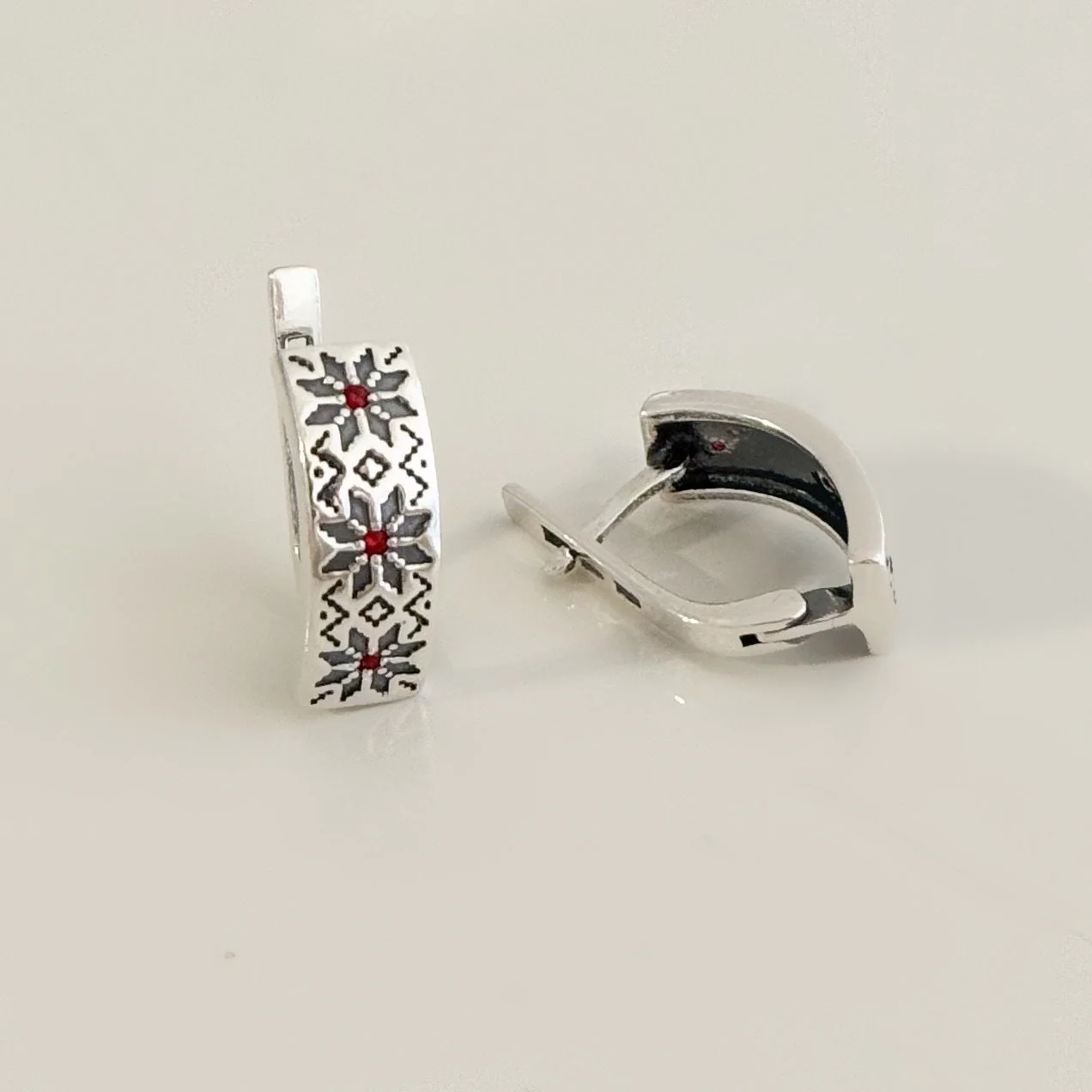 925 Sterling Silver Lever Back Earrings "Vyshyvanka" with Red Cubic Zirconia - Image 2