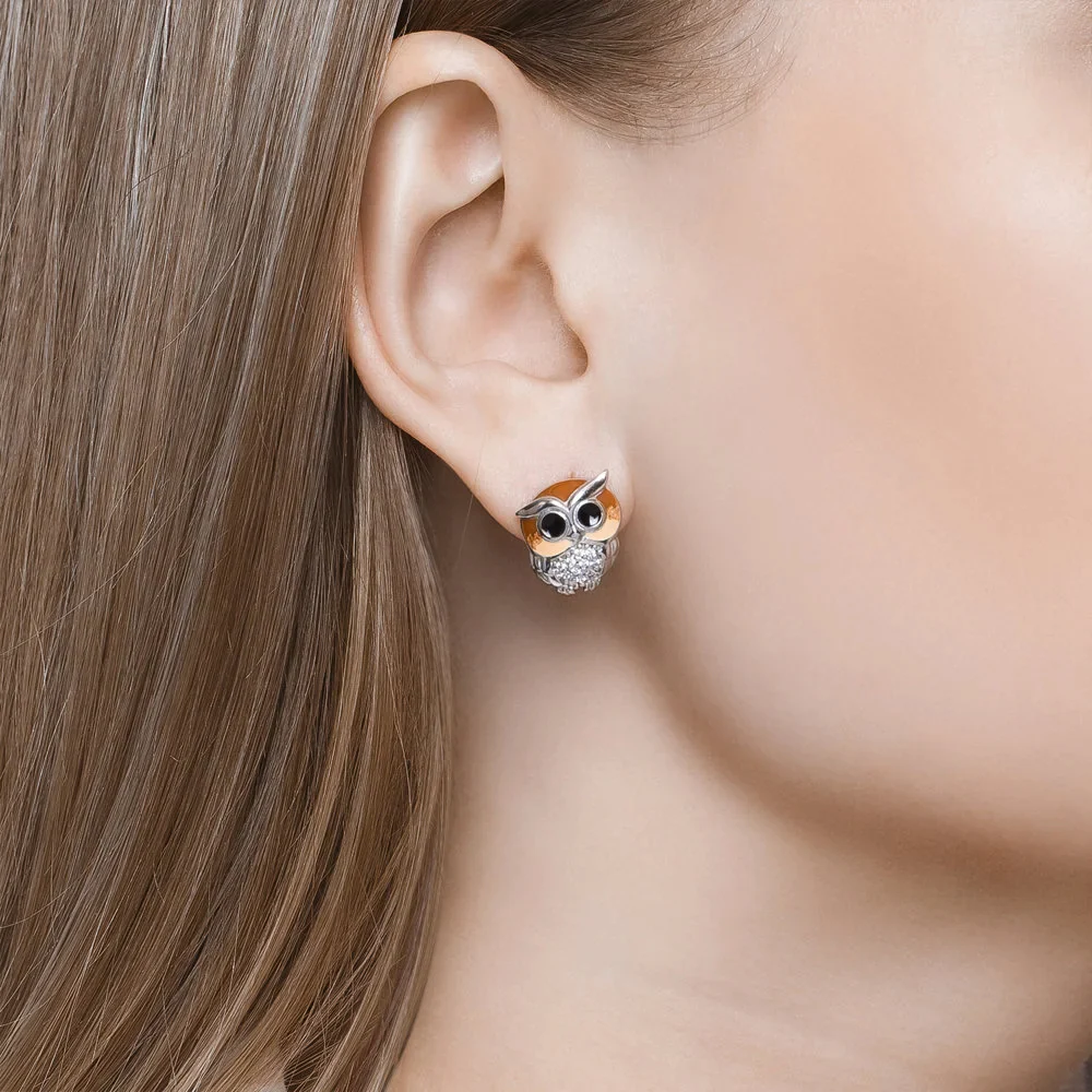 925 Sterling Silver Owls Earrings with Enamel and Cubic Zirconia - Image 2