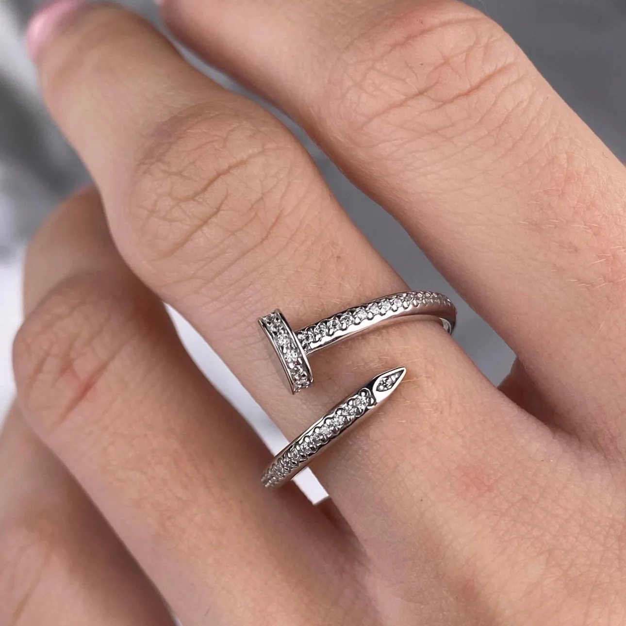 925 Sterling Silver Nail Ring with Cubic Zirconia - Image 2