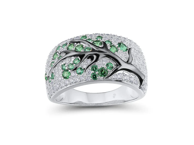Sterling Silver Ring with Green Spinel,White Cubic Zirconia Tree of Life