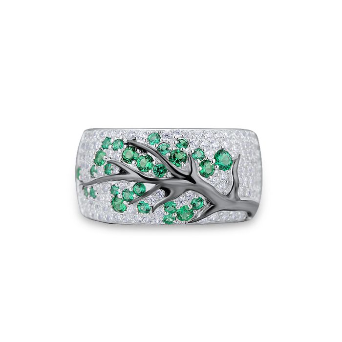 Sterling Silver Ring with Green Spinel,White Cubic Zirconia Tree of Life - Image 2